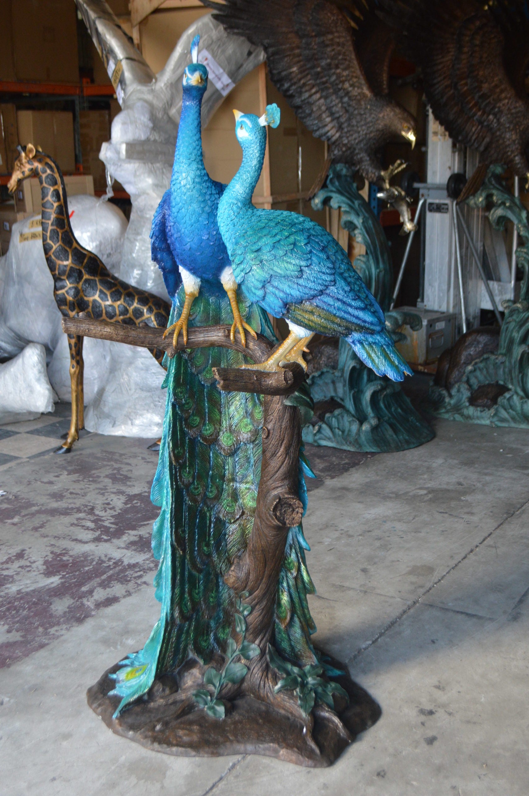 Pair of Peacocks on a Tree Bronze Statue -  Size: 30"L x 27"W x 66"H. 