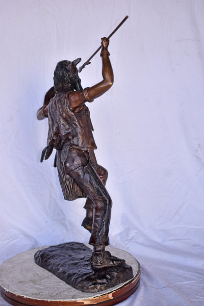 Indian Worrier Throwing a Spear Bronze Statue - Size: 15"L x 23"W x 38"H.