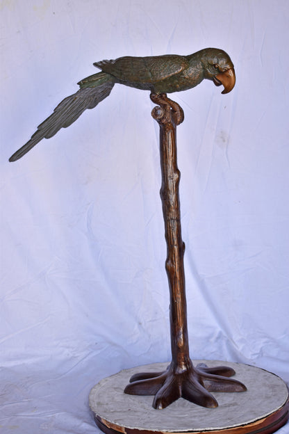 Parrot on a Tree Watching Forward Bronze Statue - Size: 36"L x 15"W x 41"H.