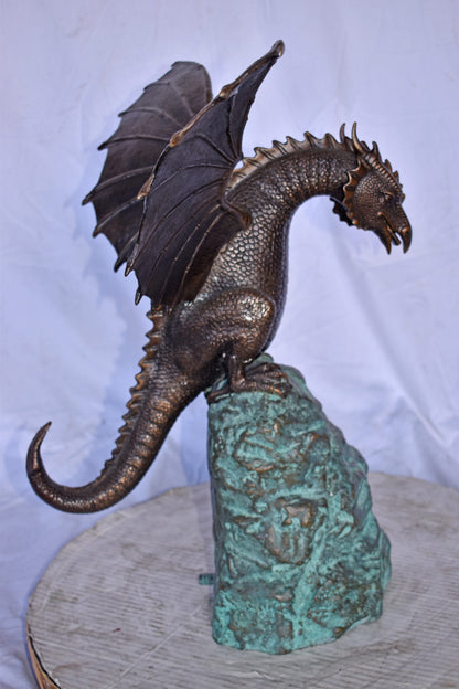 Dragon Standing on a Rock Bronze Statue Fountain - Size: 23"L x 18"W x 23"H.