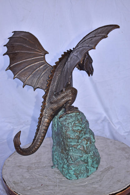 Dragon Standing on a Rock Bronze Statue Fountain - Size: 23"L x 18"W x 23"H.