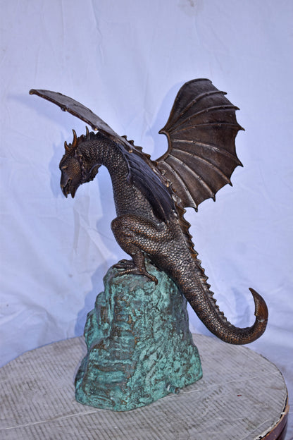 Dragon Standing on a Rock Bronze Statue Fountain - Size: 23"L x 18"W x 23"H.