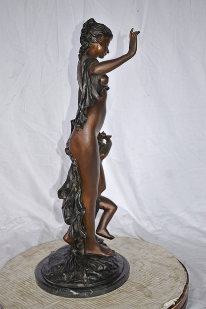 Nude Mother Watching Out for Her Son Bronze Statue Art Nude 15"L x 12"W x 32"H.