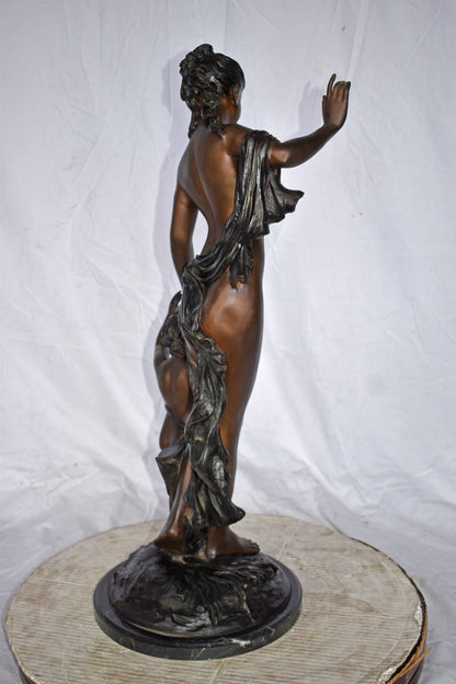 Nude Mother Watching Out for Her Son Bronze Statue Art Nude 15"L x 12"W x 32"H.