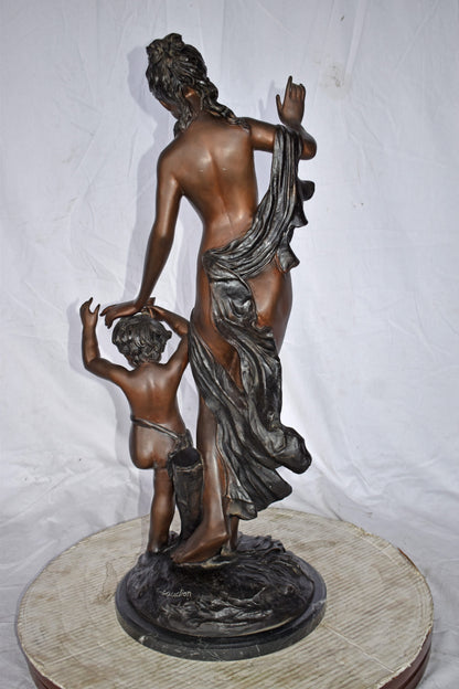 Nude Mother Watching Out for Her Son Bronze Statue Art Nude 15"L x 12"W x 32"H.