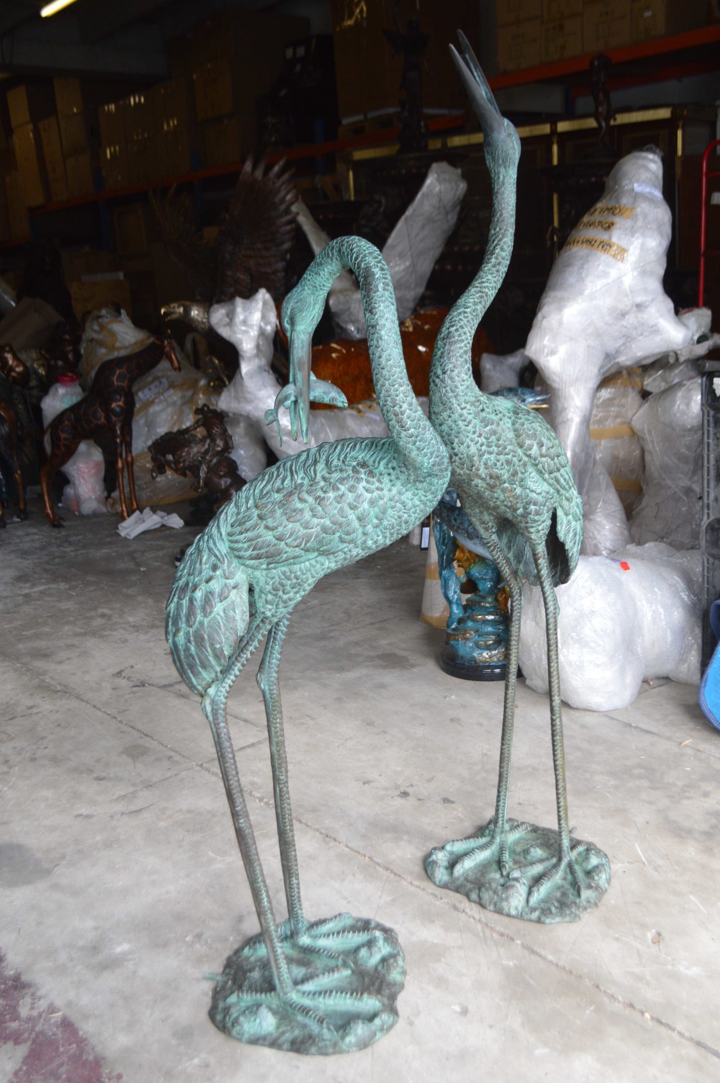 Pair of Cranes fountains Bronze Statue â€“ Green Patina -  13"L x 9.5"W x 52"H. 