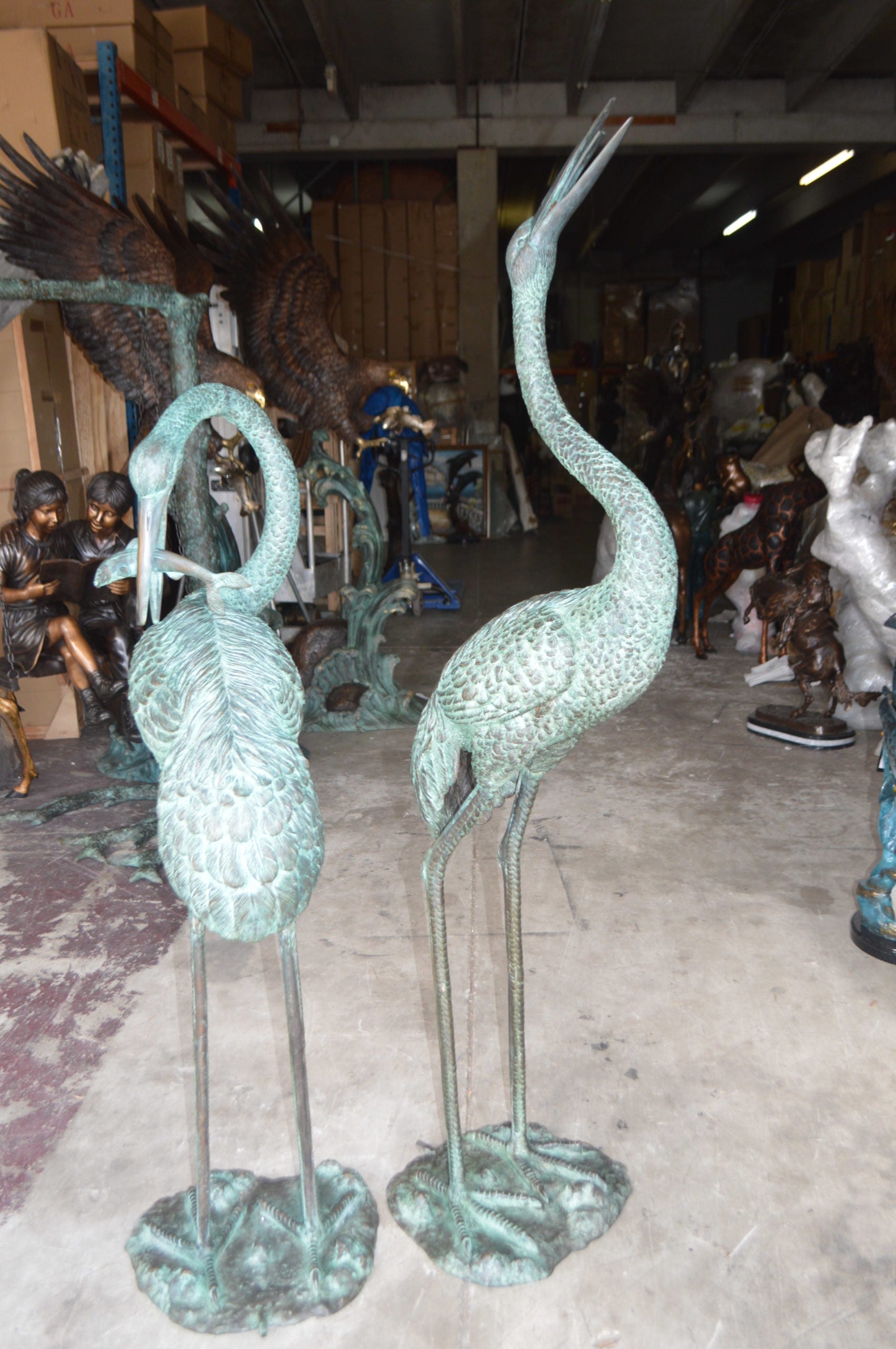 Pair of Cranes fountains Bronze Statue â€“ Green Patina -  13"L x 9.5"W x 52"H. 