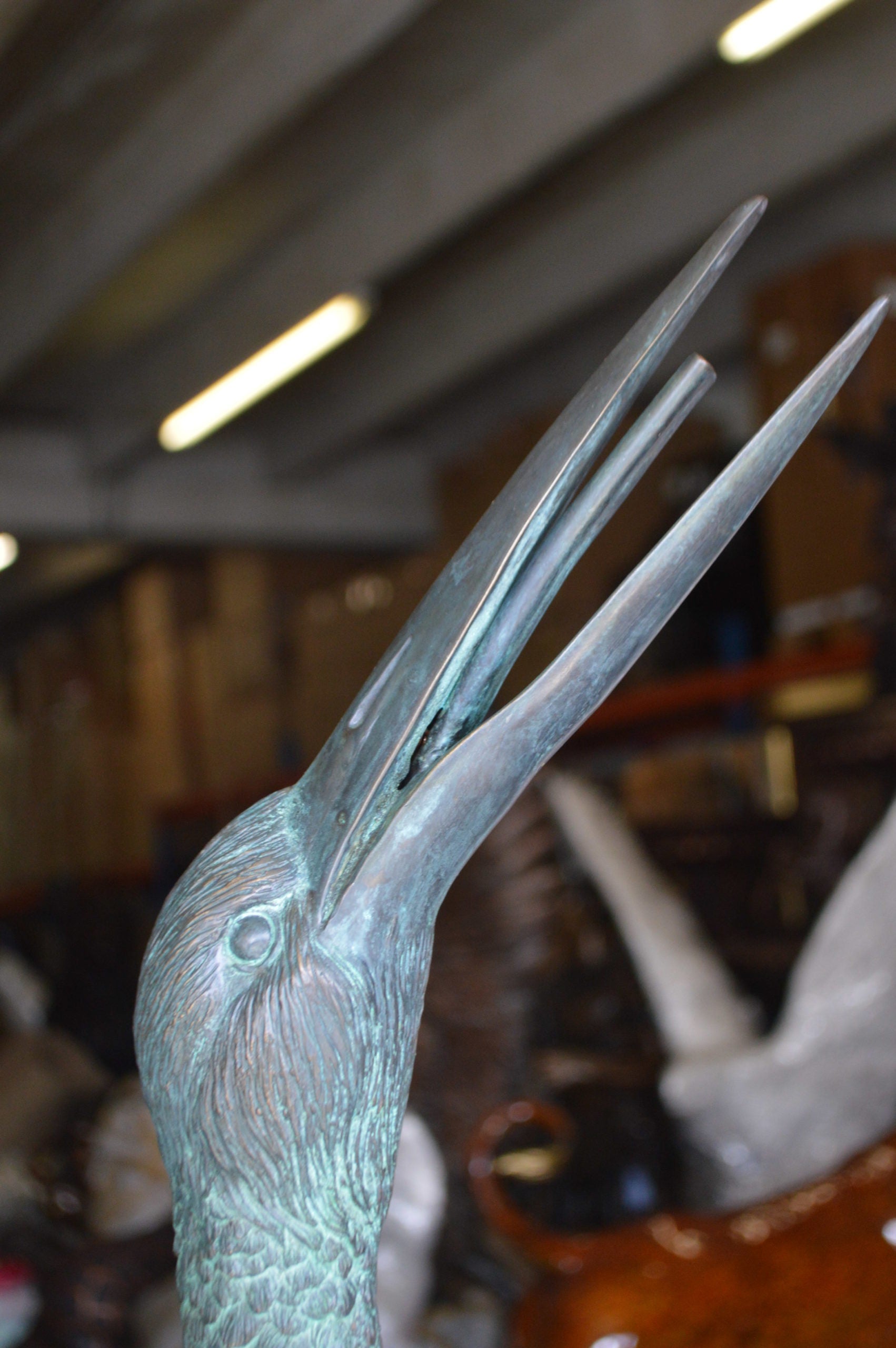 Pair of Cranes fountains Bronze Statue â€“ Green Patina -  13"L x 9.5"W x 52"H. 