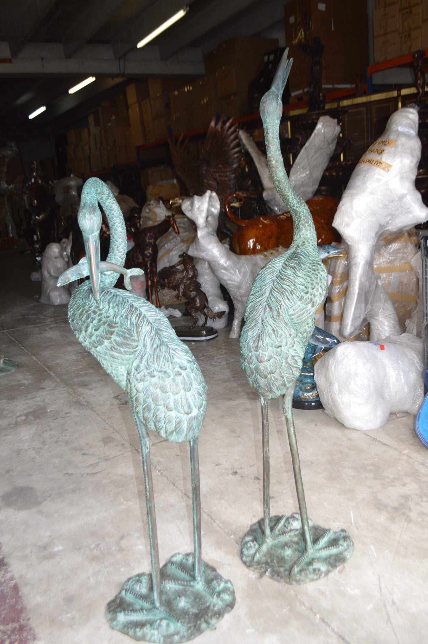Pair of Cranes fountains Bronze Statue â€“ Green Patina -  13"L x 9.5"W x 52"H. 
