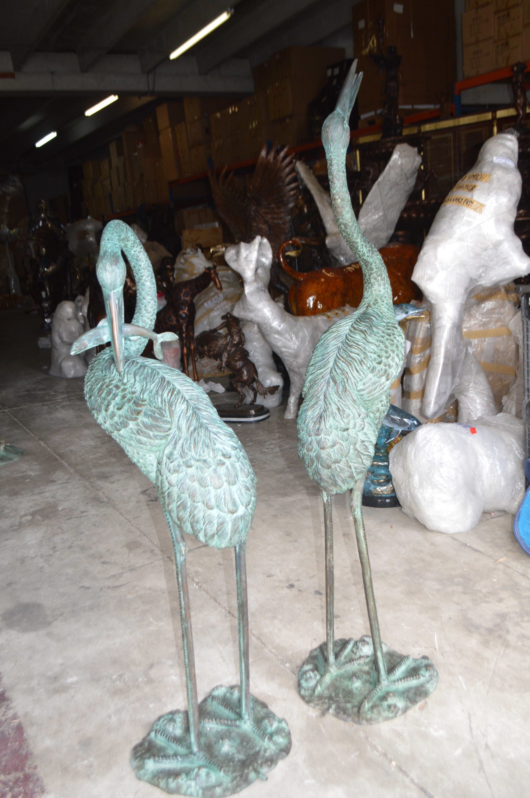 Pair of Cranes fountains Bronze Statue â€“ Green Patina -  13"L x 9.5"W x 52"H. 