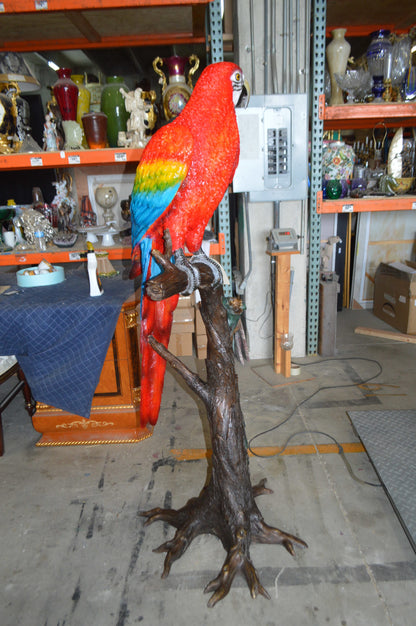 Single Red and Blue Parrot on a tree Bronze Statue -  Size: 30"L x 24"W x 66"H. 
