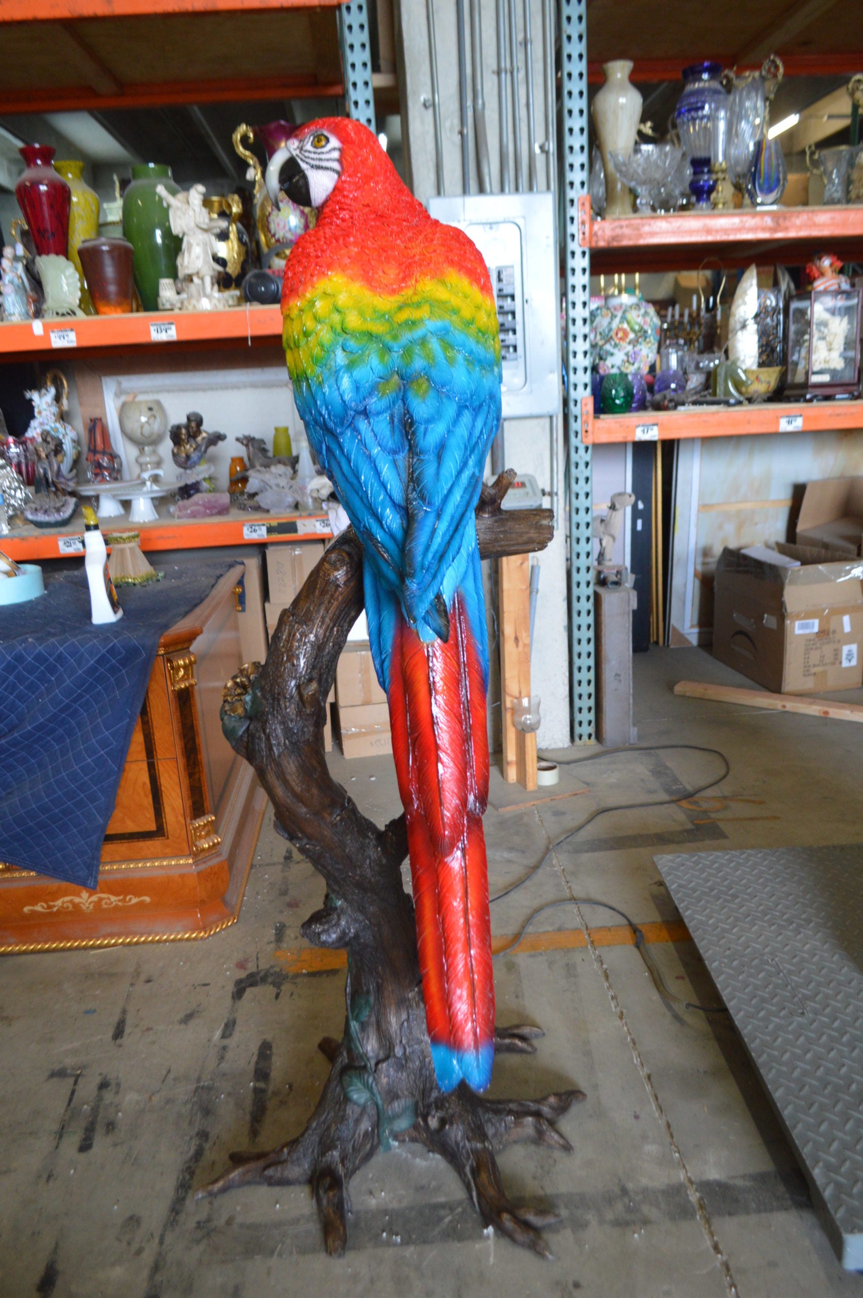 Single Red and Blue Parrot on a tree Bronze Statue -  Size: 30"L x 24"W x 66"H. 