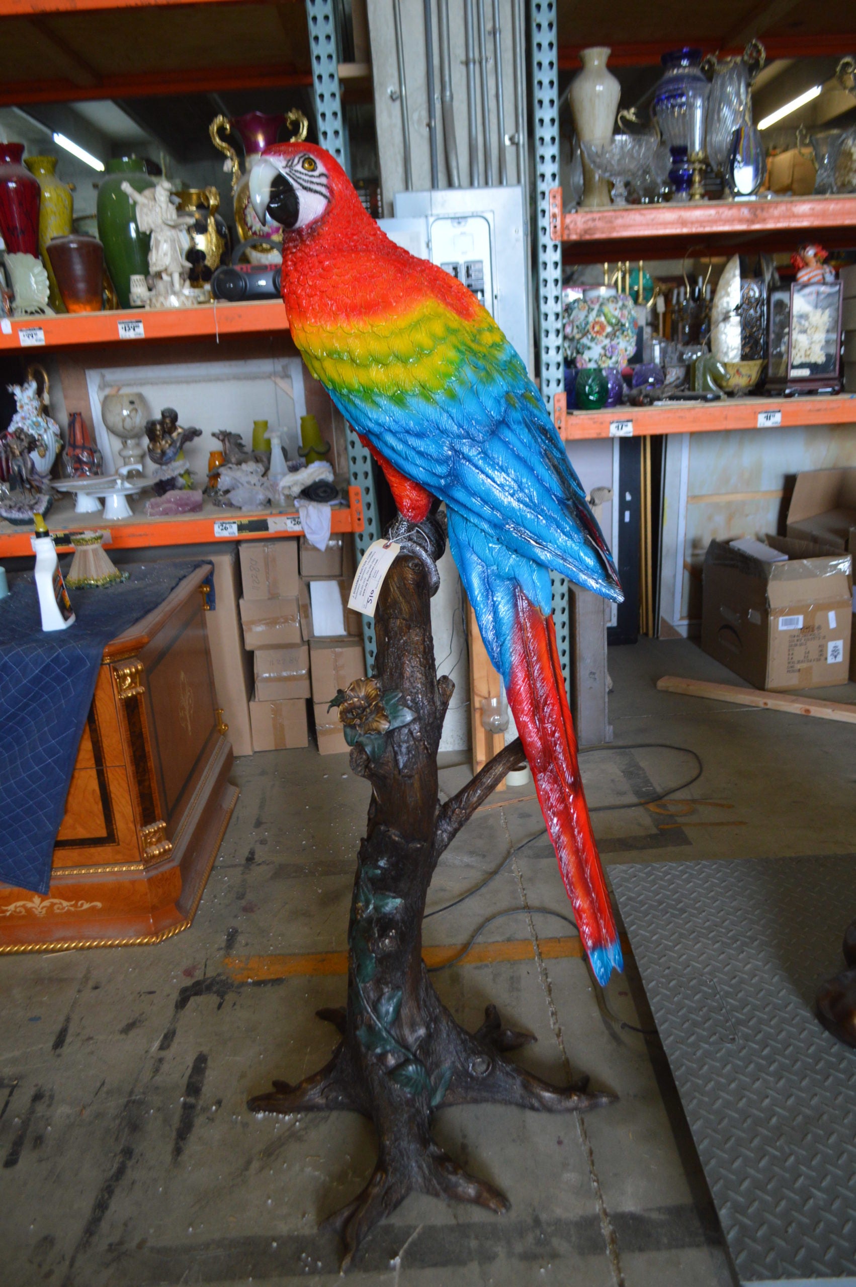 Single Red and Blue Parrot on a tree Bronze Statue -  Size: 30"L x 24"W x 66"H. 