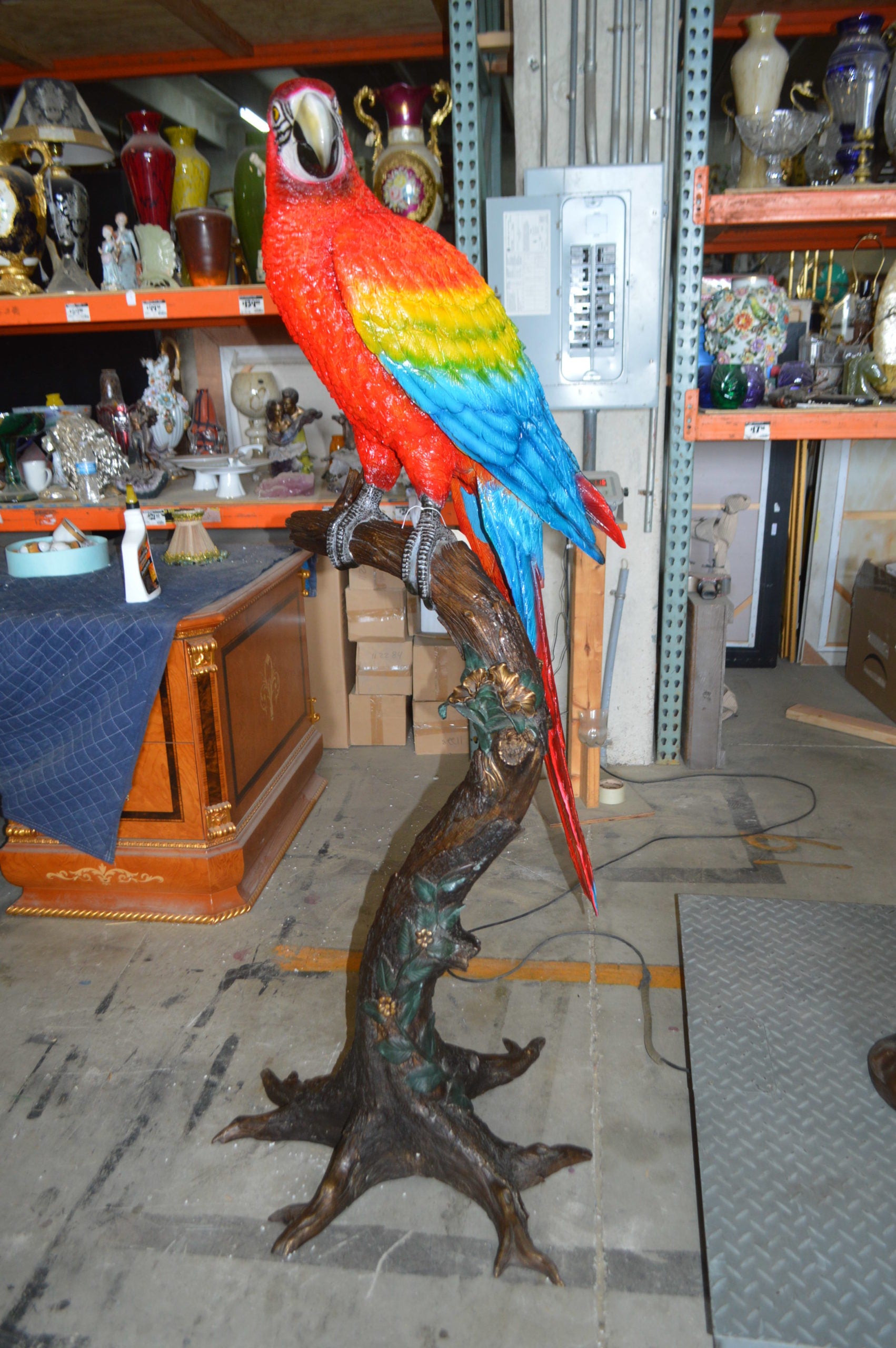 Single Red and Blue Parrot on a tree Bronze Statue -  Size: 30"L x 24"W x 66"H. 