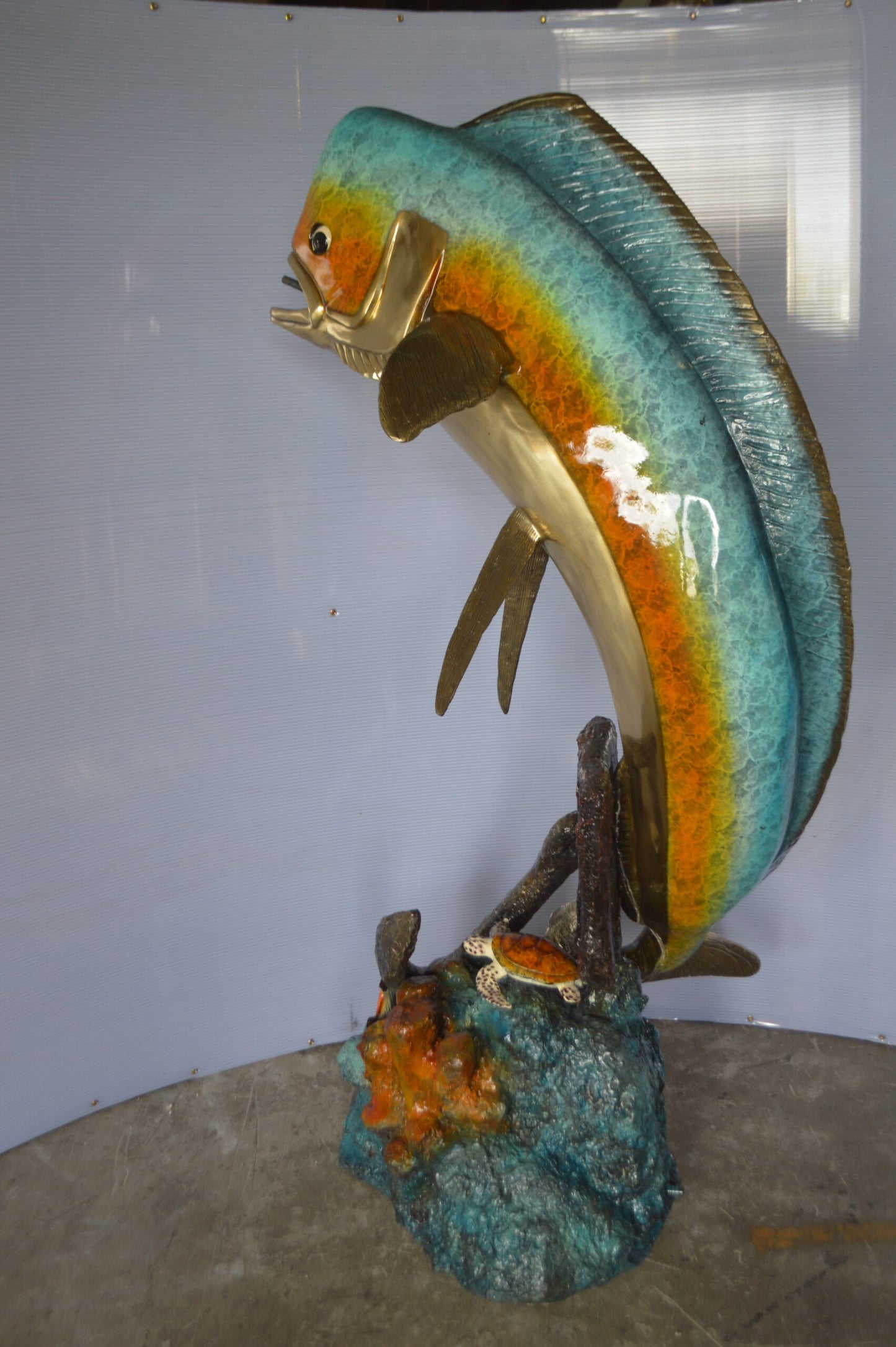 Mahi Mahi -large Fish fountain Bronze Statue  -  Size: 30"L x 32"W x 69"H.