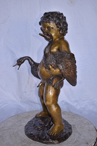 Naked Boy holding Two Ducks Bronze Statue Fountain Art Nude - Size: 17"L x 14"W x 27"H.