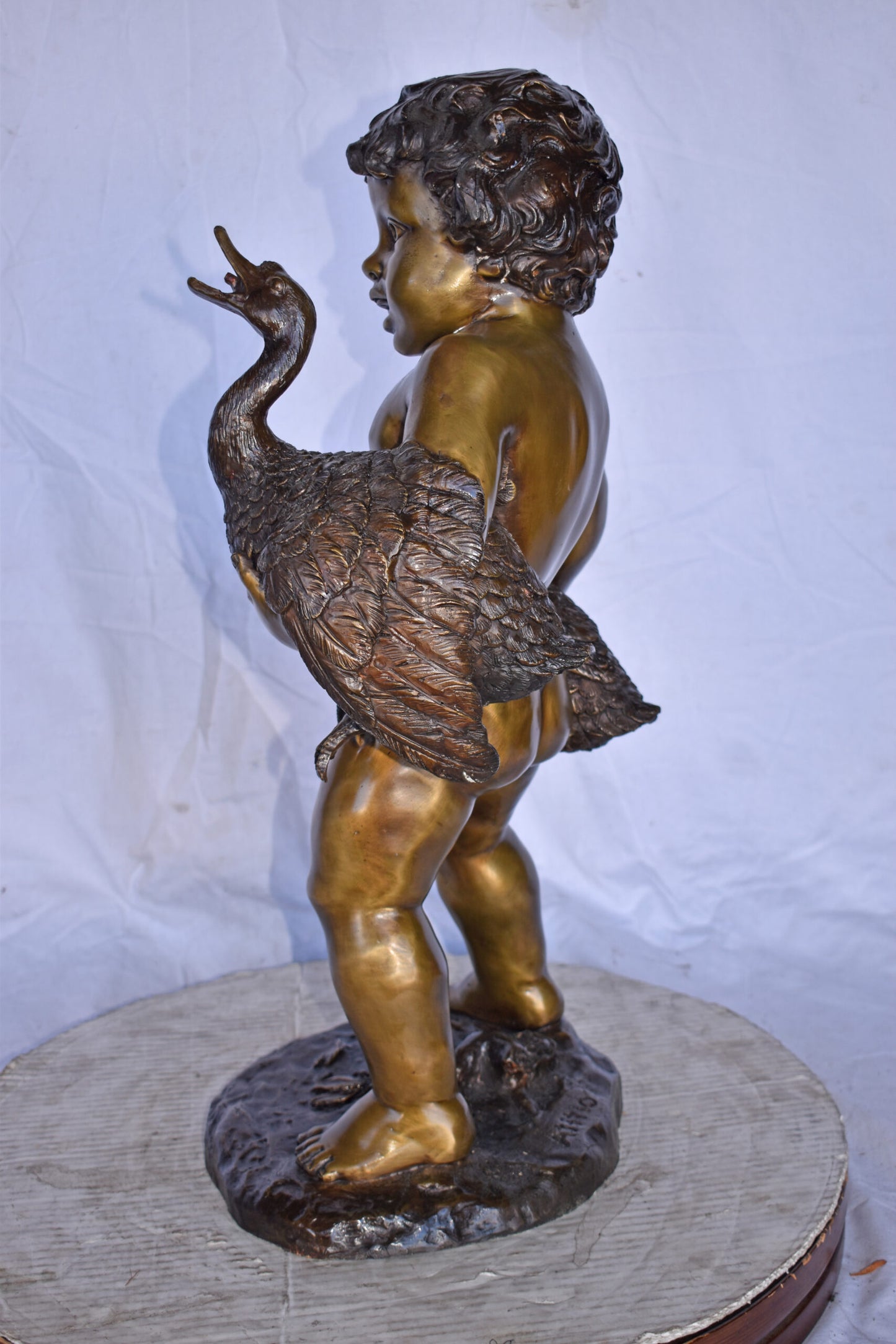 Naked Boy holding Two Ducks Bronze Statue Fountain Art Nude - Size: 17"L x 14"W x 27"H.