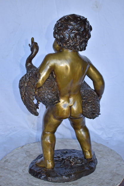 Naked Boy holding Two Ducks Bronze Statue Fountain Art Nude - Size: 17"L x 14"W x 27"H.