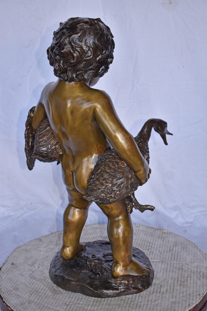 Naked Boy holding Two Ducks Bronze Statue Fountain Art Nude - Size: 17"L x 14"W x 27"H.