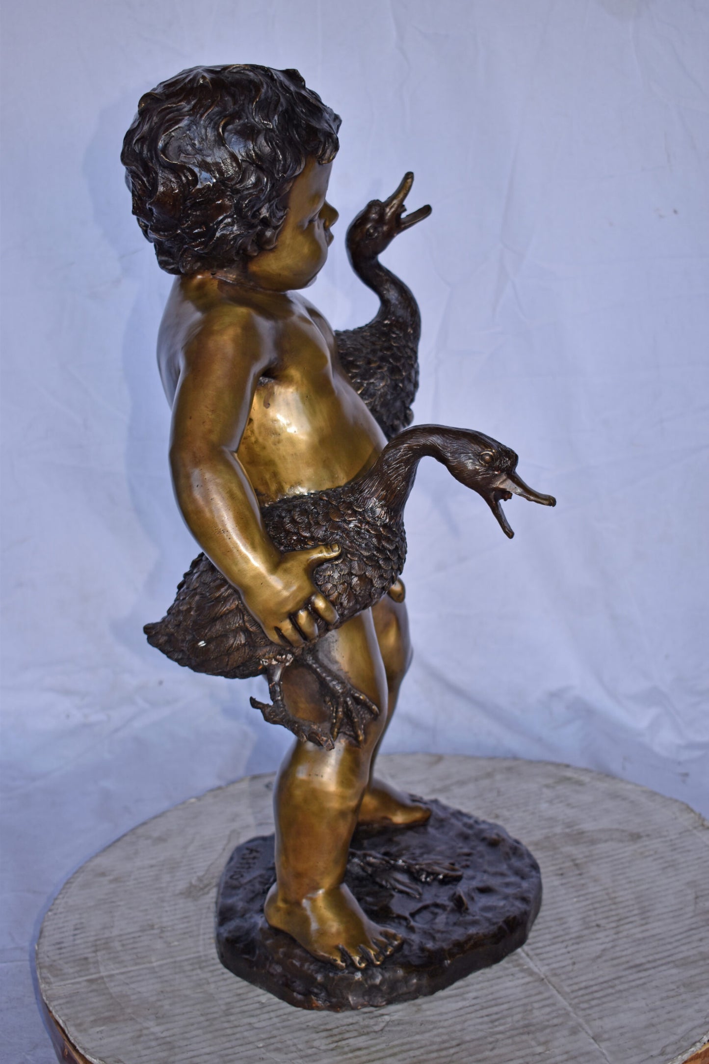 Naked Boy holding Two Ducks Bronze Statue Fountain Art Nude - Size: 17"L x 14"W x 27"H.