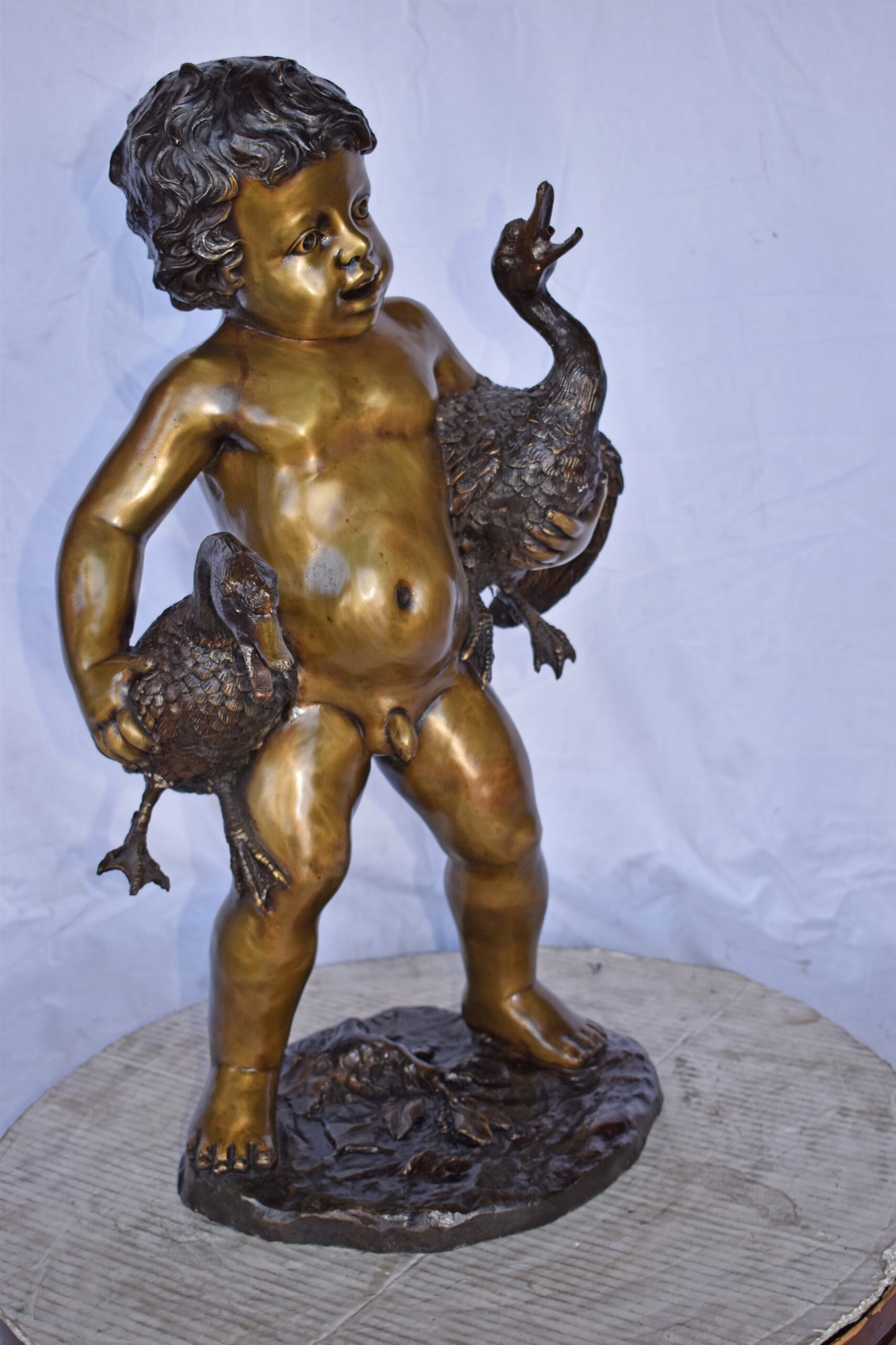 Naked Boy holding Two Ducks Bronze Statue Fountain Art Nude - Size: 17"L x 14"W x 27"H.