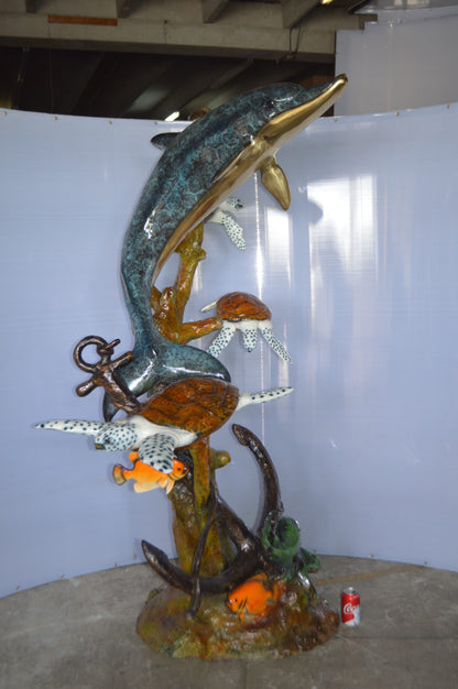 Dolphin with Three Turtles Fountain Bronze Statue -  Size: 43"L x 47"W x 74"H.