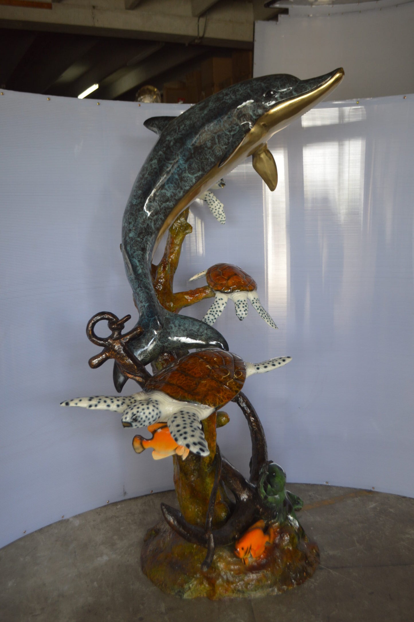 Dolphin with Three Turtles Fountain Bronze Statue -  Size: 43"L x 47"W x 74"H.