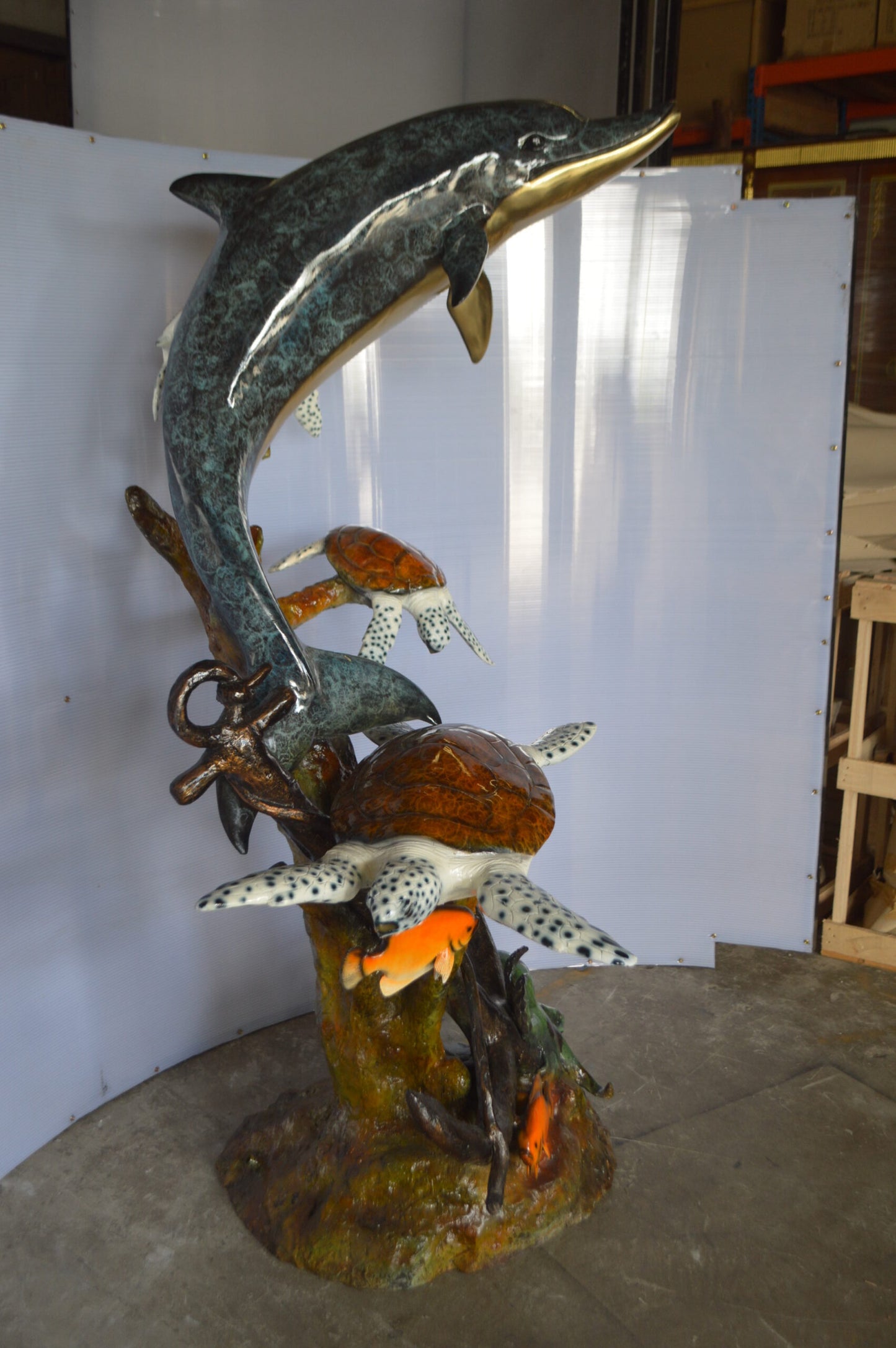 Dolphin with Three Turtles Fountain Bronze Statue -  Size: 43"L x 47"W x 74"H.