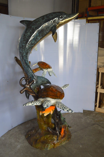 Dolphin with Three Turtles Fountain Bronze Statue -  Size: 43"L x 47"W x 74"H.