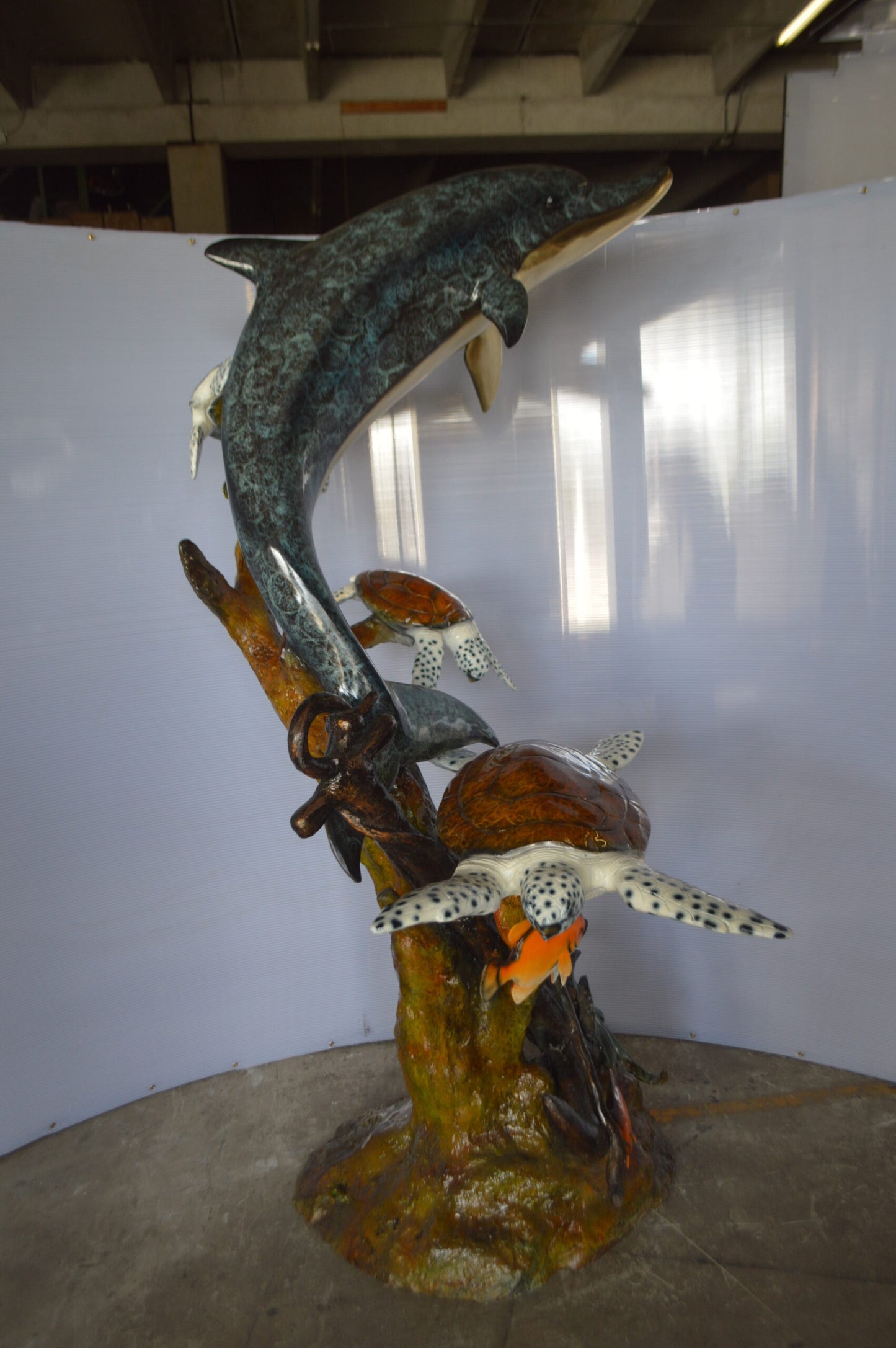 Dolphin with Three Turtles Fountain Bronze Statue -  Size: 43"L x 47"W x 74"H.