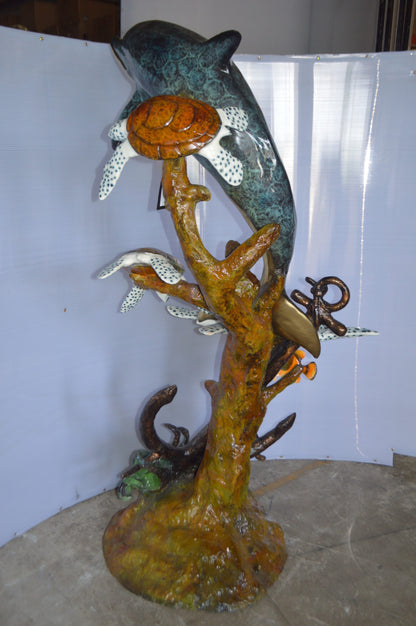 Dolphin with Three Turtles Fountain Bronze Statue -  Size: 43"L x 47"W x 74"H.