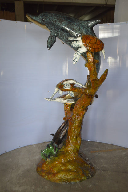 Dolphin with Three Turtles Fountain Bronze Statue -  Size: 43"L x 47"W x 74"H.