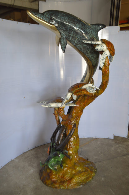 Dolphin with Three Turtles Fountain Bronze Statue -  Size: 43"L x 47"W x 74"H.