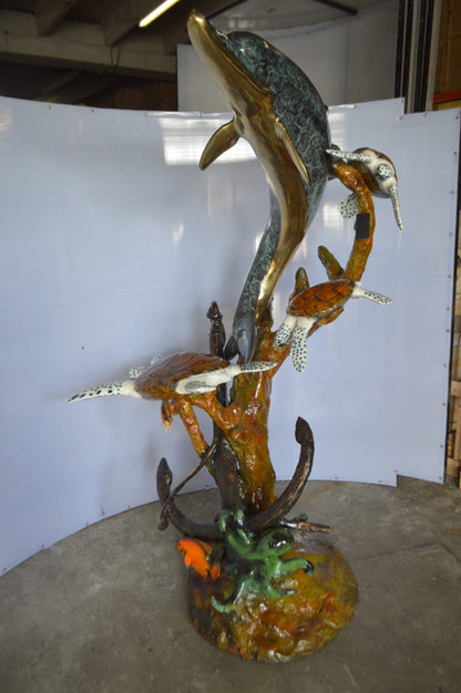 Dolphin with Three Turtles Fountain Bronze Statue -  Size: 43"L x 47"W x 74"H.