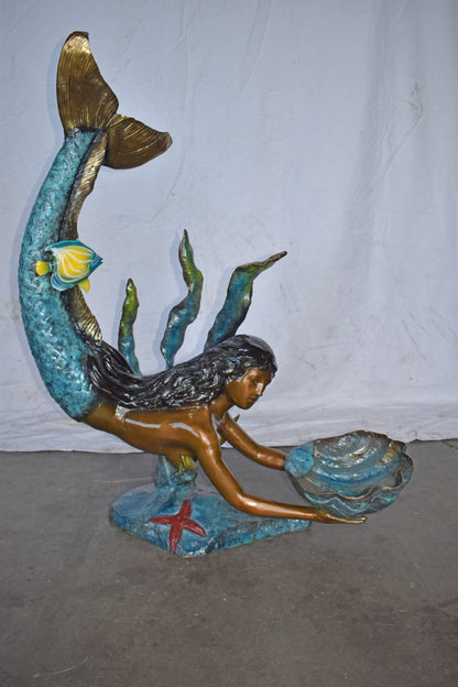 Mermaid Holding A Tray Shell Bronze Statue Art Nude - Size: 16"L x 38"W x 48"H.