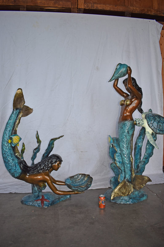 Mermaid Holding a Shell Fountain W Turtle Bronze Statue - Size: 32" x 19" x 60"H