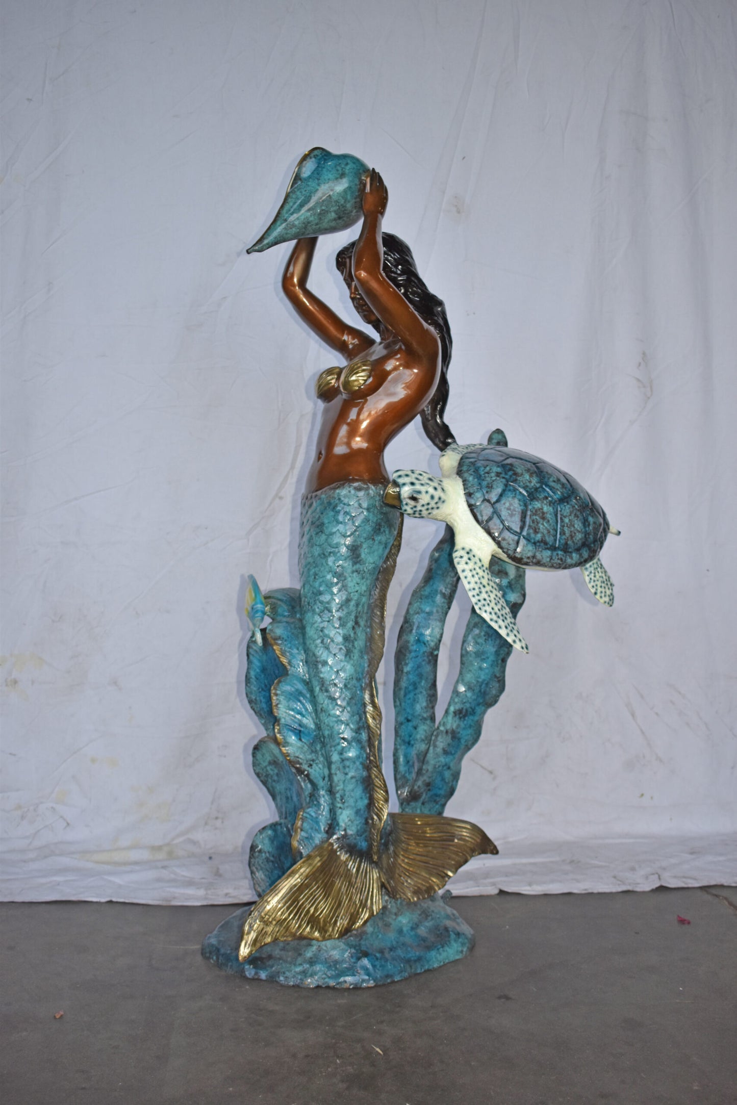 Mermaid Holding a Shell Fountain W Turtle Bronze Statue - Size: 32" x 19" x 60"H