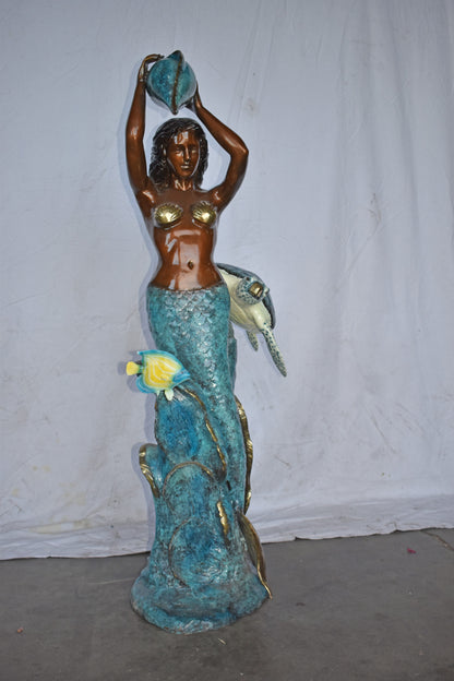 Mermaid Holding a Shell Fountain W Turtle Bronze Statue - Size: 32" x 19" x 60"H
