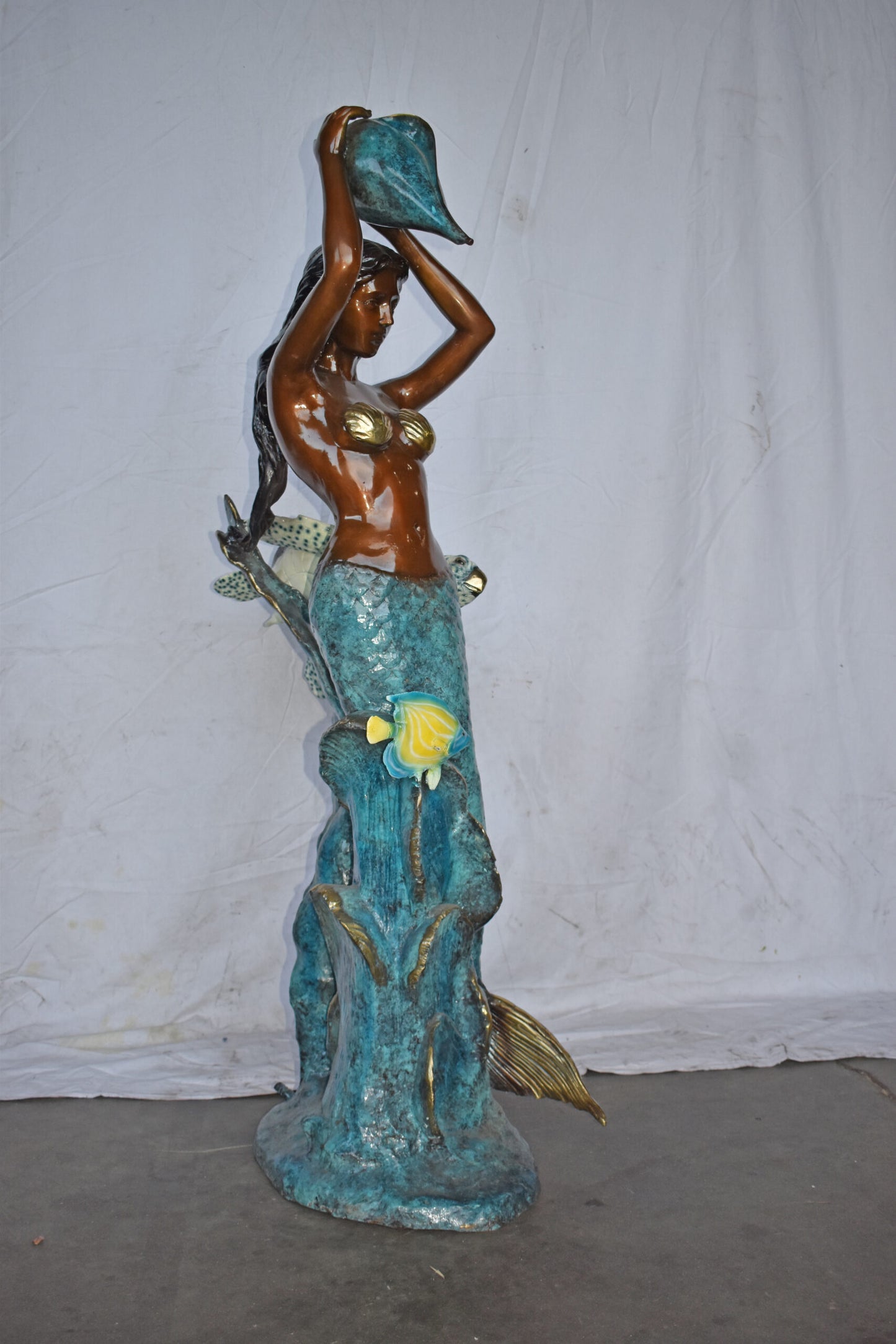 Mermaid Holding a Shell Fountain W Turtle Bronze Statue - Size: 32" x 19" x 60"H