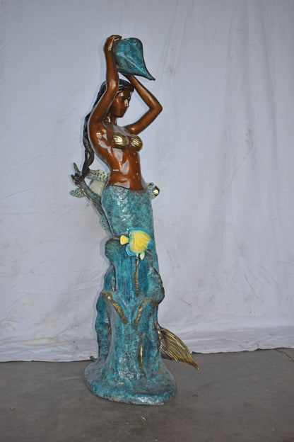 Mermaid Holding a Shell Fountain W Turtle Bronze Statue - Size: 32" x 19" x 60"H