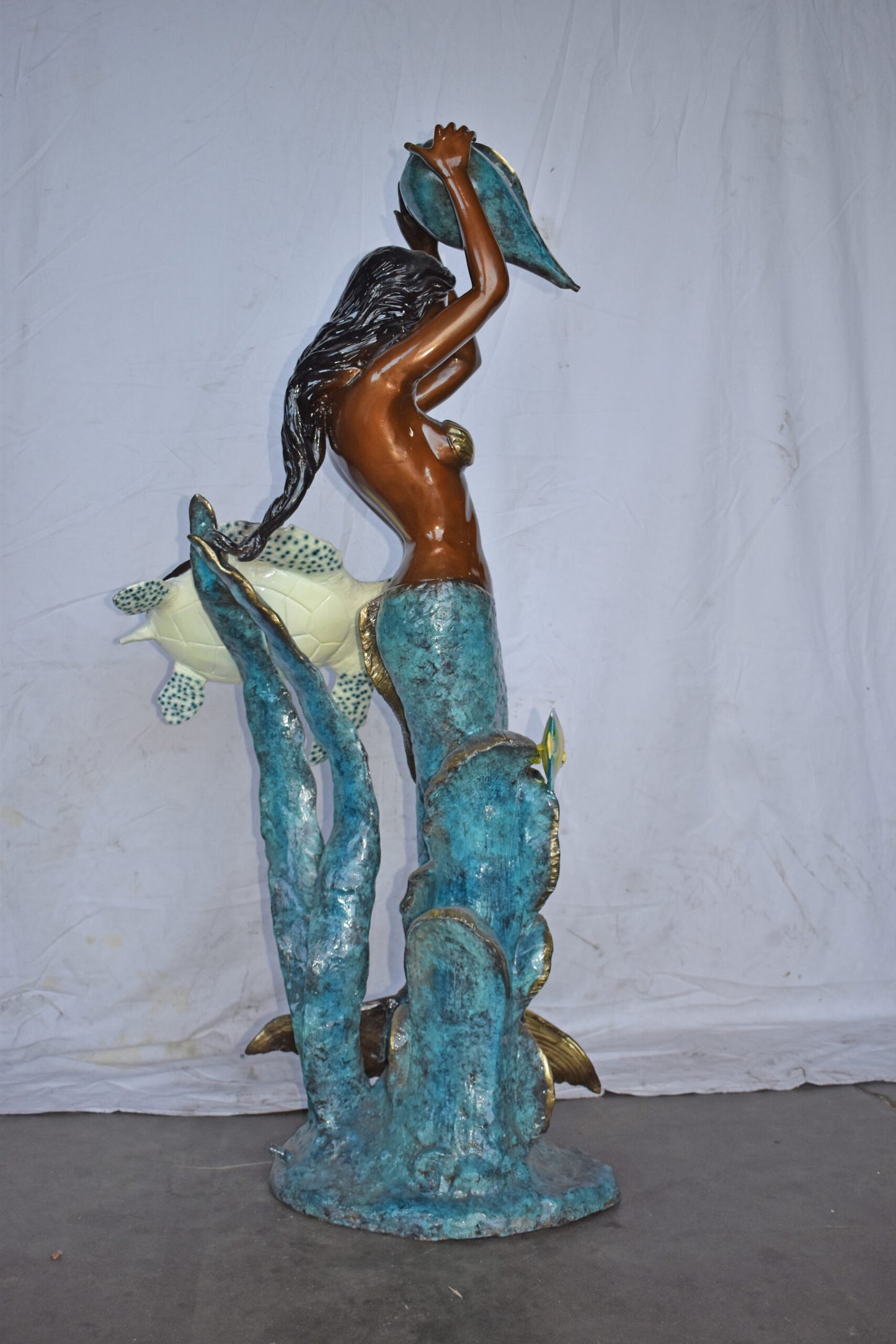 Mermaid Holding a Shell Fountain W Turtle Bronze Statue - Size: 32" x 19" x 60"H