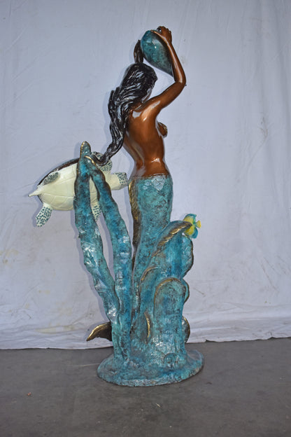 Mermaid Holding a Shell Fountain W Turtle Bronze Statue - Size: 32" x 19" x 60"H