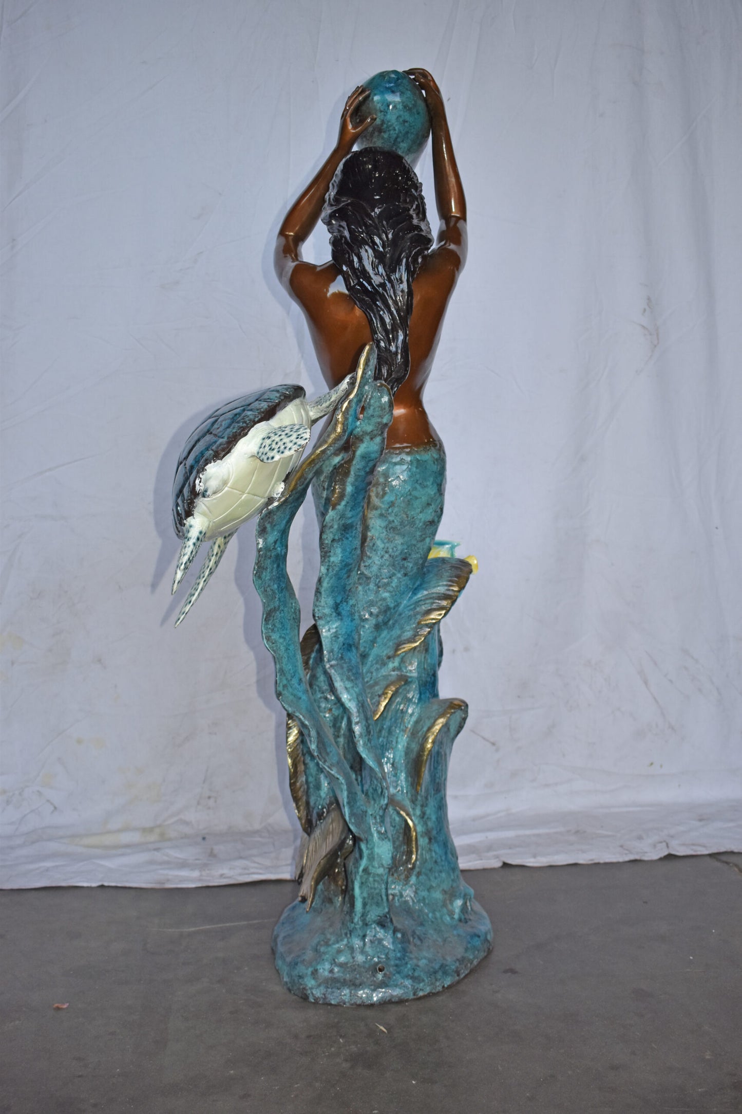 Mermaid Holding a Shell Fountain W Turtle Bronze Statue - Size: 32" x 19" x 60"H