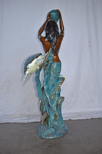 Mermaid Holding a Shell Fountain W Turtle Bronze Statue - Size: 32" x 19" x 60"H