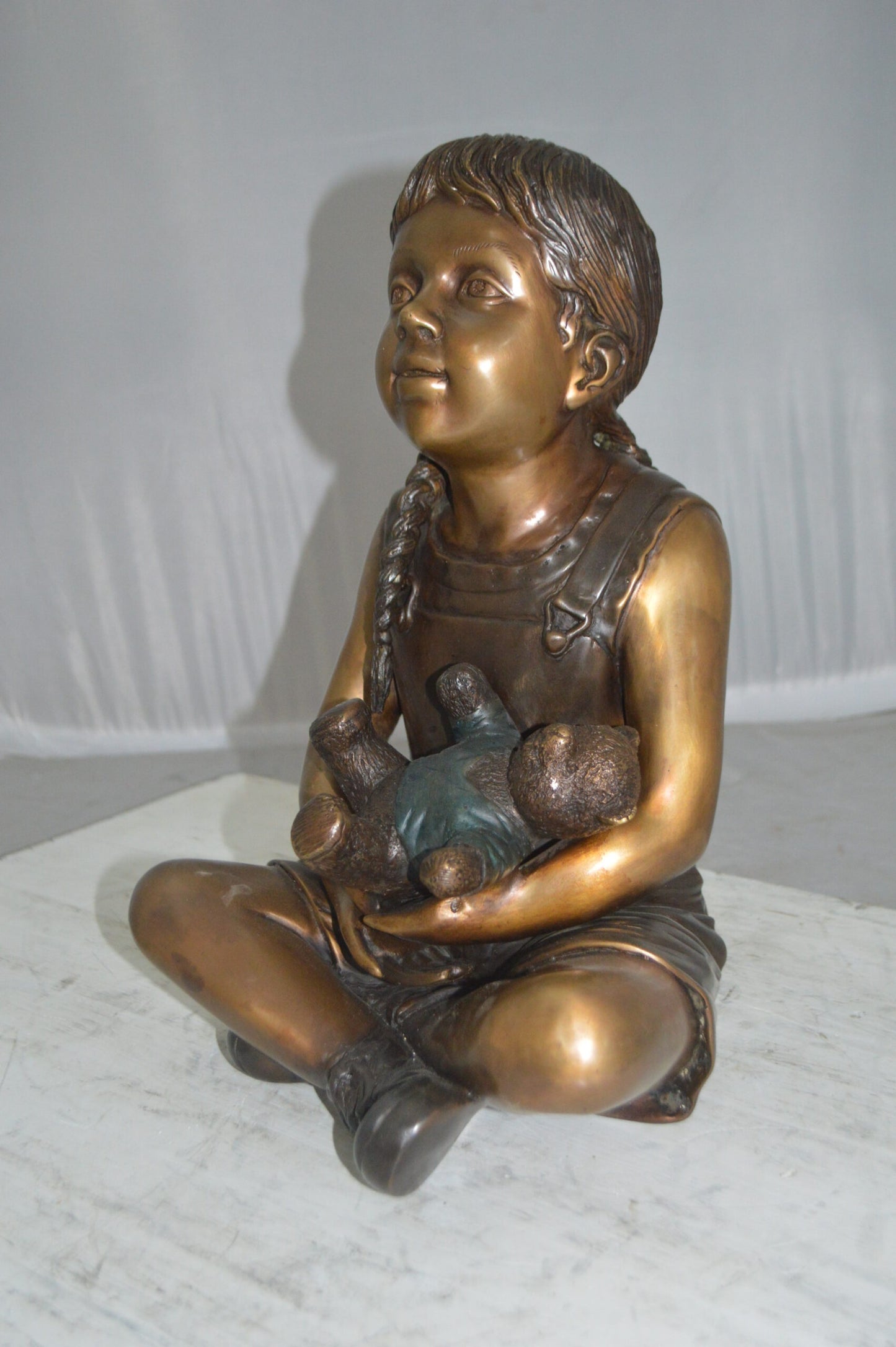 Sitting Girl with Bear Bronze Statue - Size: 13"L x 12"W x 15"Hss.
