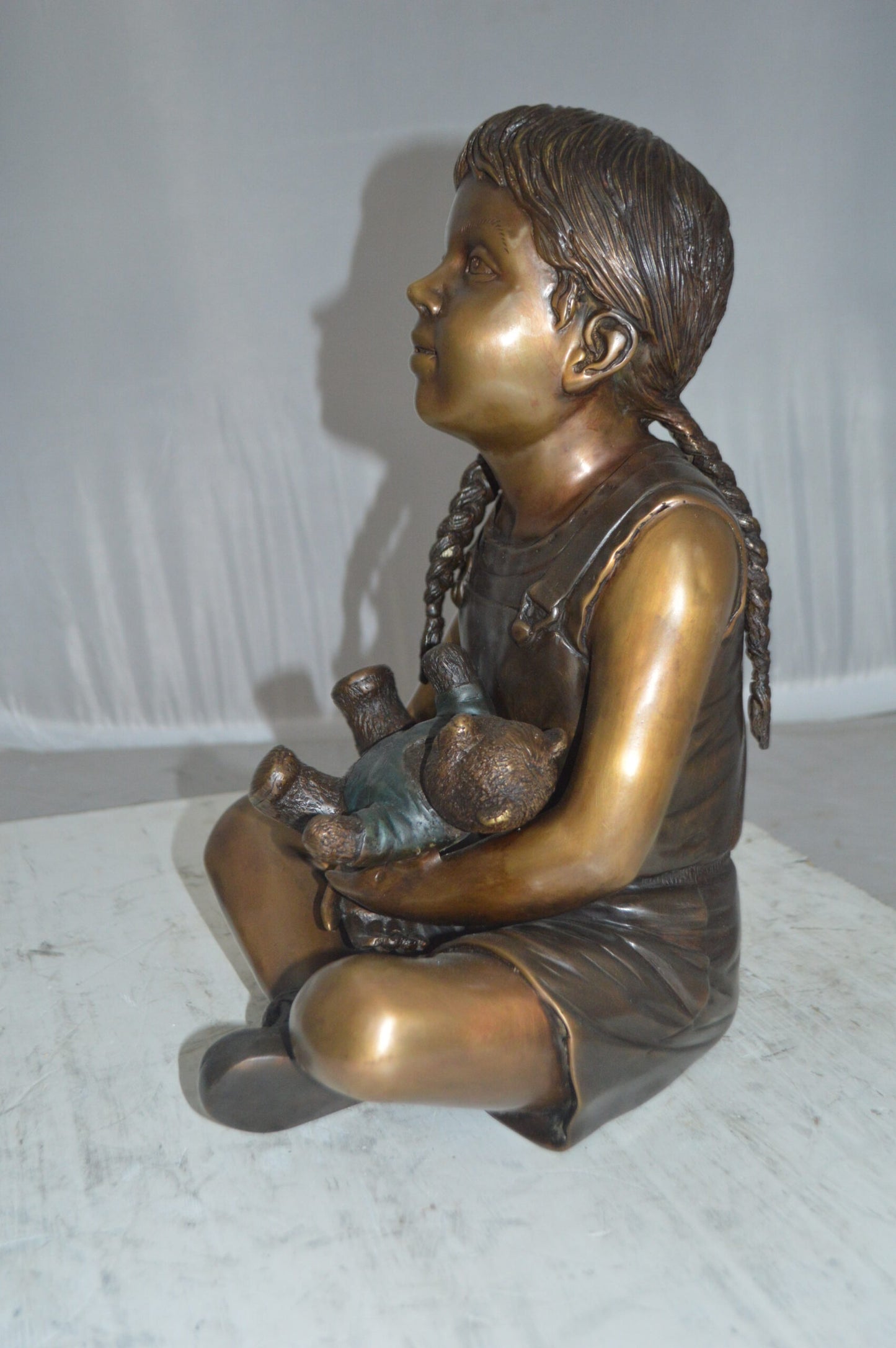 Sitting Girl with Bear Bronze Statue - Size: 13"L x 12"W x 15"Hss.