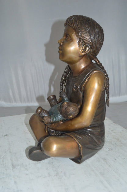 Sitting Girl with Bear Bronze Statue - Size: 13"L x 12"W x 15"Hss.