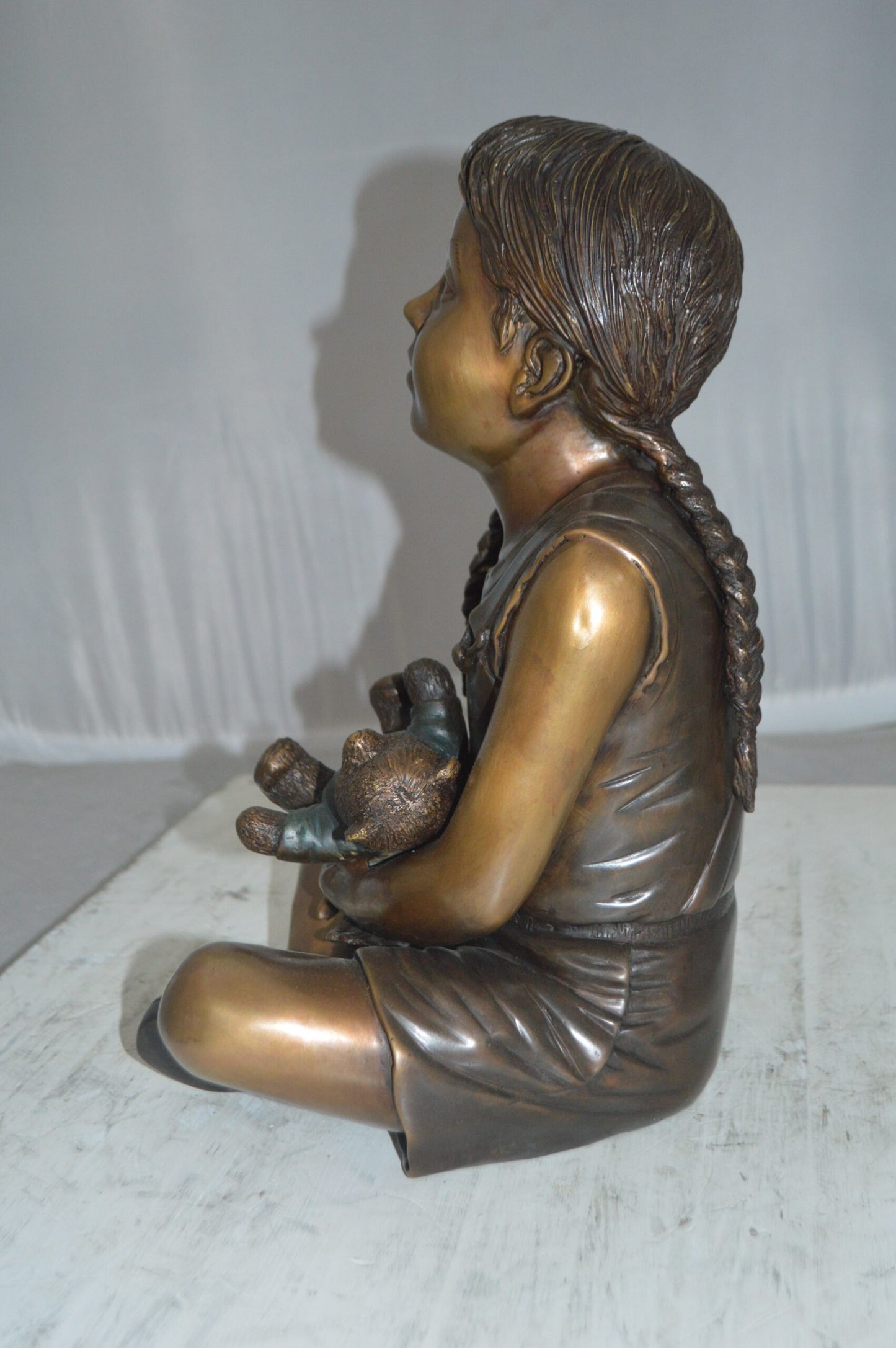 Sitting Girl with Bear Bronze Statue - Size: 13"L x 12"W x 15"Hss.
