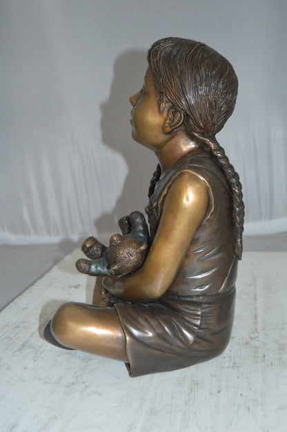 Sitting Girl with Bear Bronze Statue - Size: 13"L x 12"W x 15"Hss.