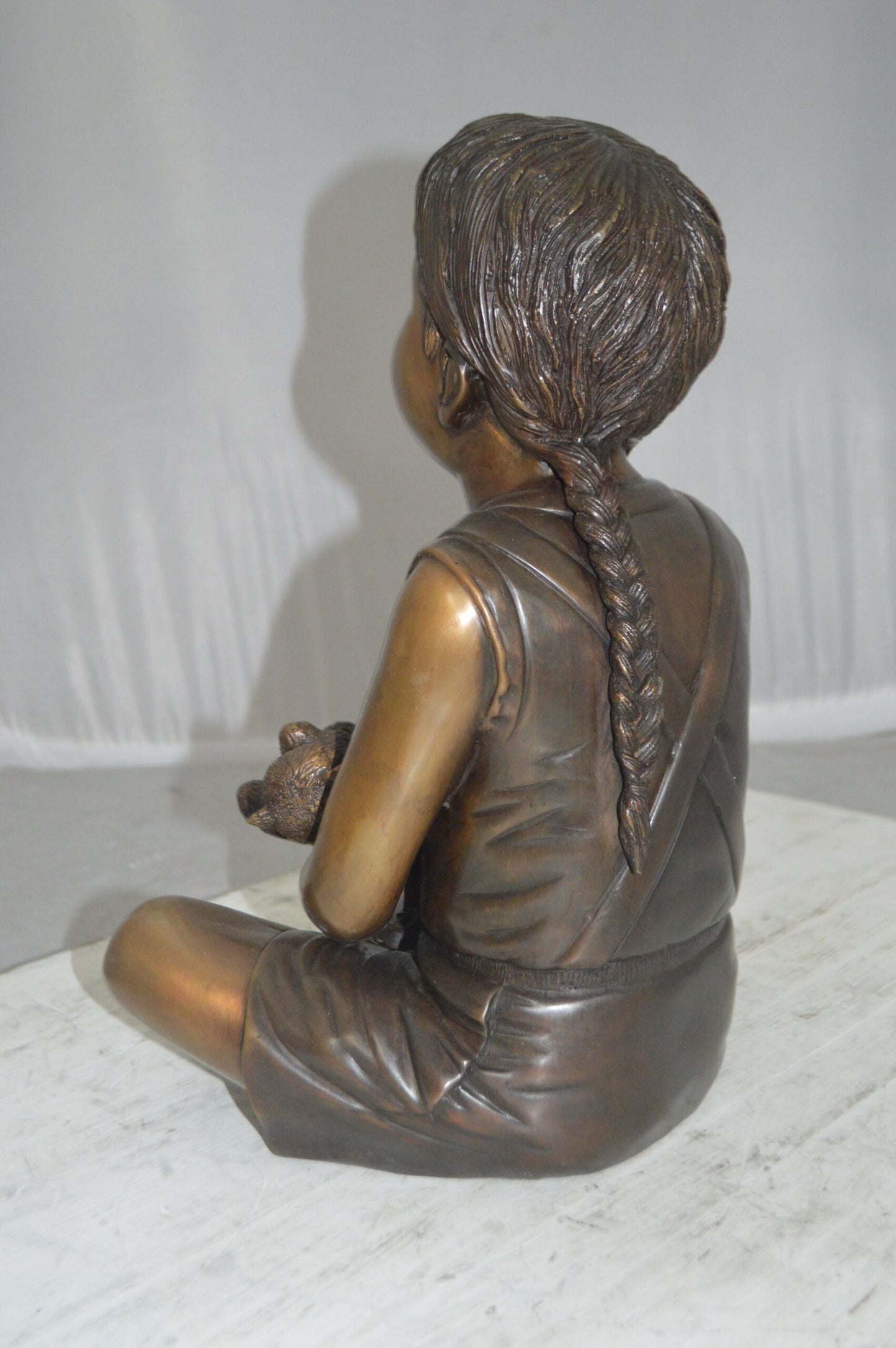 Sitting Girl with Bear Bronze Statue - Size: 13"L x 12"W x 15"Hss.